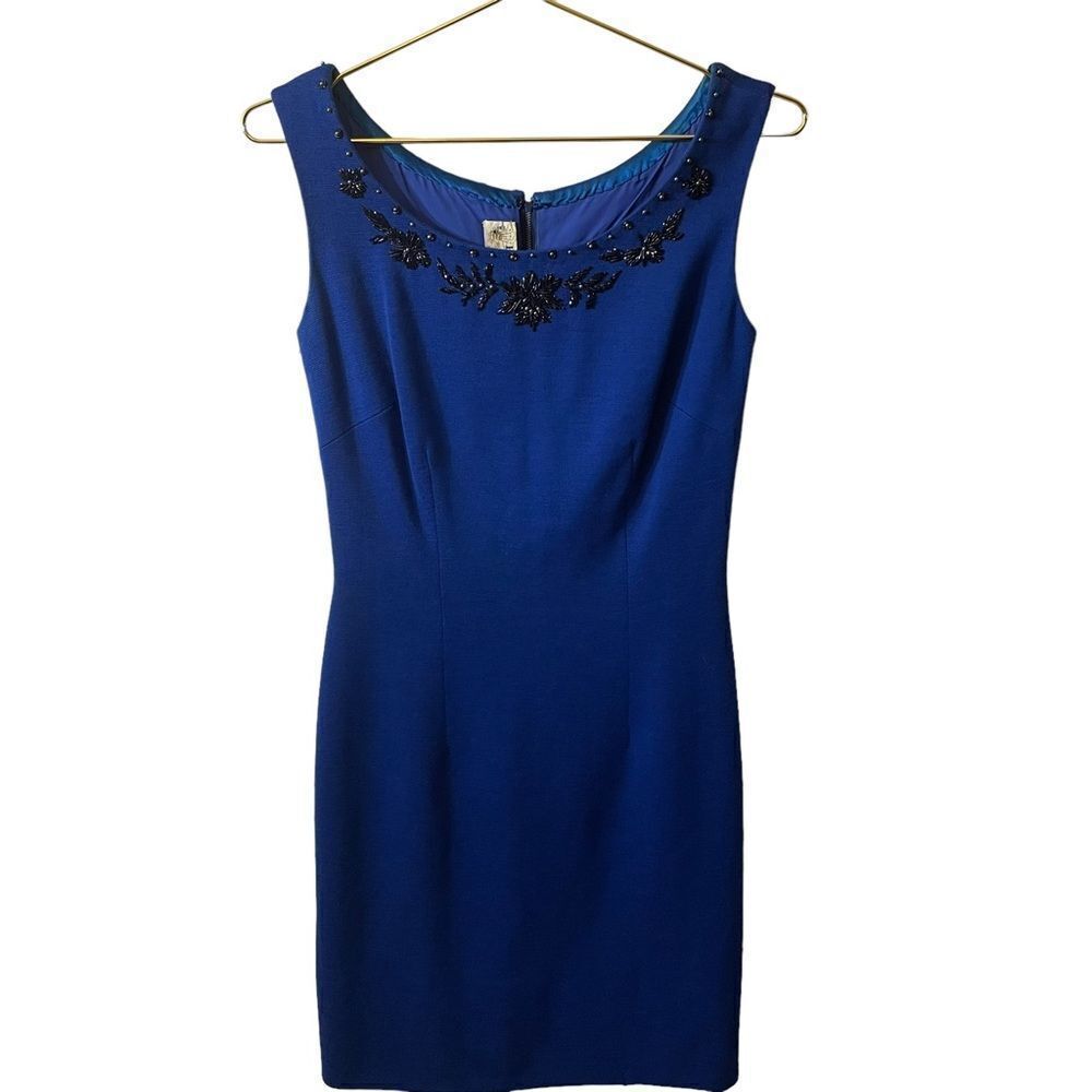 Vintage Banff Ltd Royal Blue Virgin Wool Beaded Sheath Dress Size 10 1960s Mod